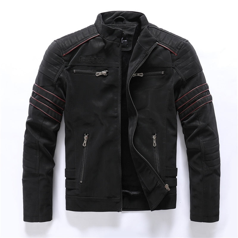 Kunstlederjacke Herren Winter Fleece Warme Motorrad Windjacke PU Lederjacken Herren Stickerei Jacken mit mehreren Taschen