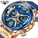 2022 LIGE Men Watches Top Brand Luxury Blue Leather Chronograph Sport Watch For Men Fashion Date Waterproof Clock Reloj Hombre