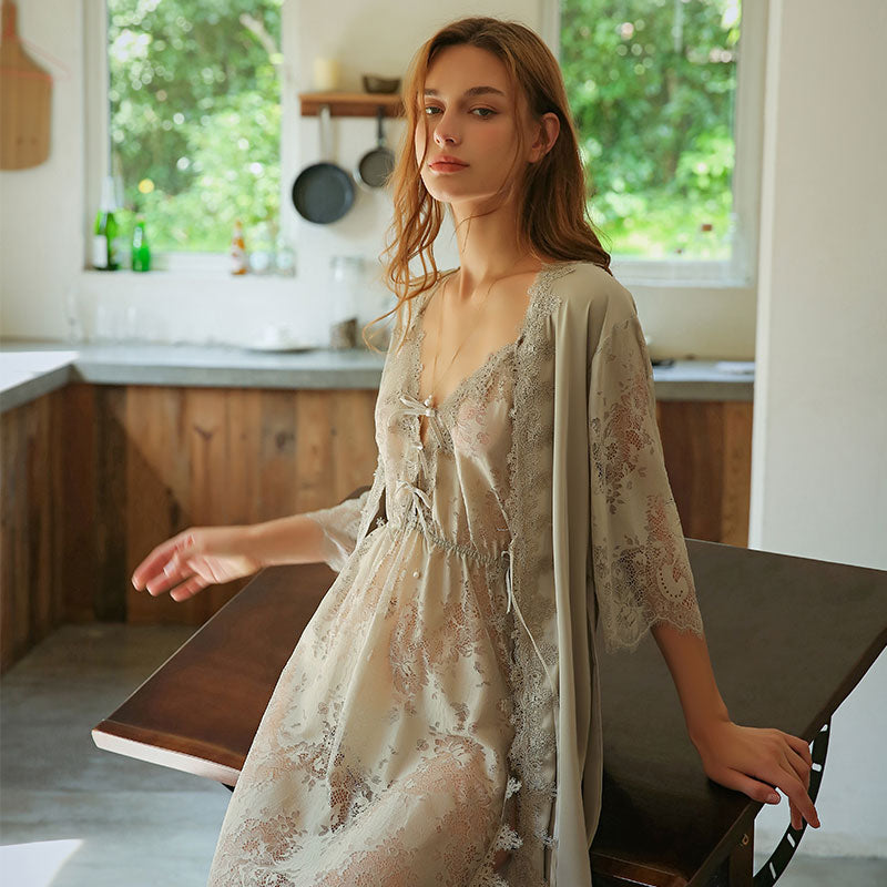 Sexy Mousse Women Sleepwear Lace See Through Nightgowns Set Women Lingerie Evening Wear Deep V Bathrobe Young Girl Sling New