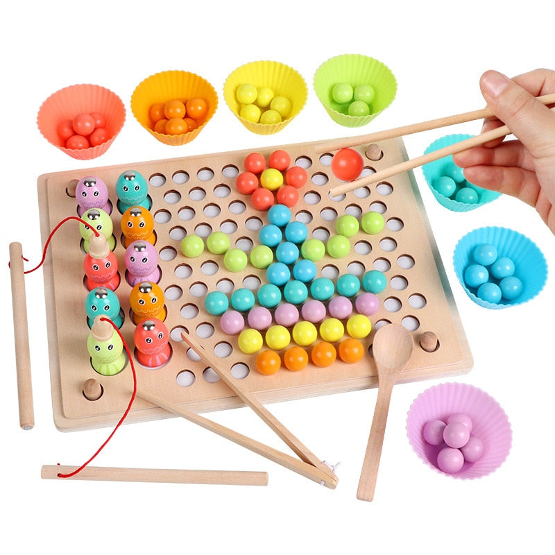 Montessori Educational Wooden Toys Training Clip Ball Sorters Toys For Children 2-6 Years Activity Board Fishing Game Baby Toys