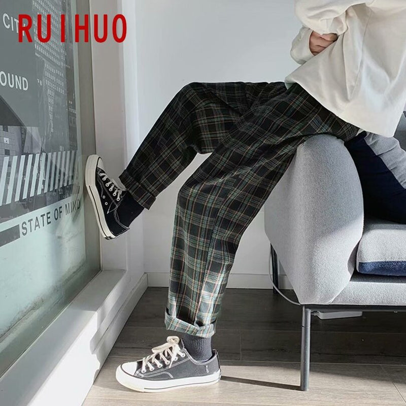 RUIHUO, pantalones bombachos a cuadros, pantalones para hombre, pantalones para correr, pantalones casuales para hombre, pantalones de chándal hasta el tobillo, ropa informal estilo Hip Hop, M-3XL de algodón 2022