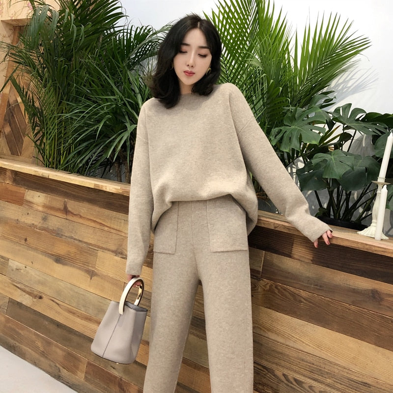 Knitted 2 pieces Set Tracksuits Women 2021 Autumn Winter Thick Warm O-neck Loose Sweater+Ankle-Length Pants Warm Cashmere Suit