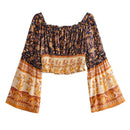 Nuevo bohemio fruncido elástico Slash cuello estampado floral pulóver camisa marrón 2019 mujeres marea arco cintura elástica pantalones 2 piezas conjunto