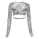 Sexy Zebra Print Long Sleeve T Shirts Women Summer Fashion Slim Backless Crop Tops Long Sleeve Square Neck Net Yarn T-shirt