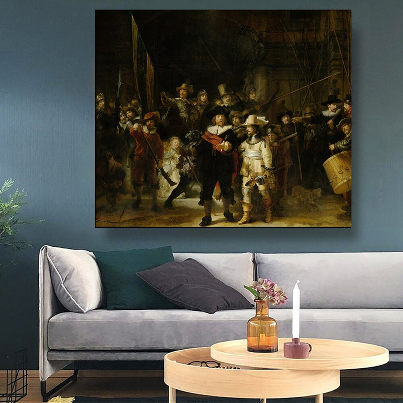 El reloj de noche de Rembrandt, lienzo, pintura al óleo, obra de arte famosa, póster, imagen, decoración de pared moderna, decoración para el hogar y la sala de estar