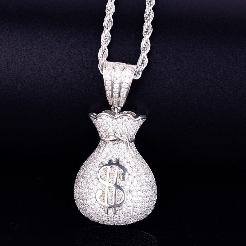 Herren Dollar Bag Anhänger Halskette Goldfarbe Bling Kubikzircon Hip Hop Rock Schmuck