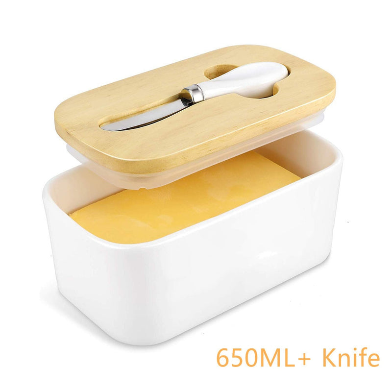 Nordic Style Butter Box Sealing with Wood Lid Knife FoodDish Ceramic Keeper Tool Cheese Storage Tray Plate Container for Kitchen