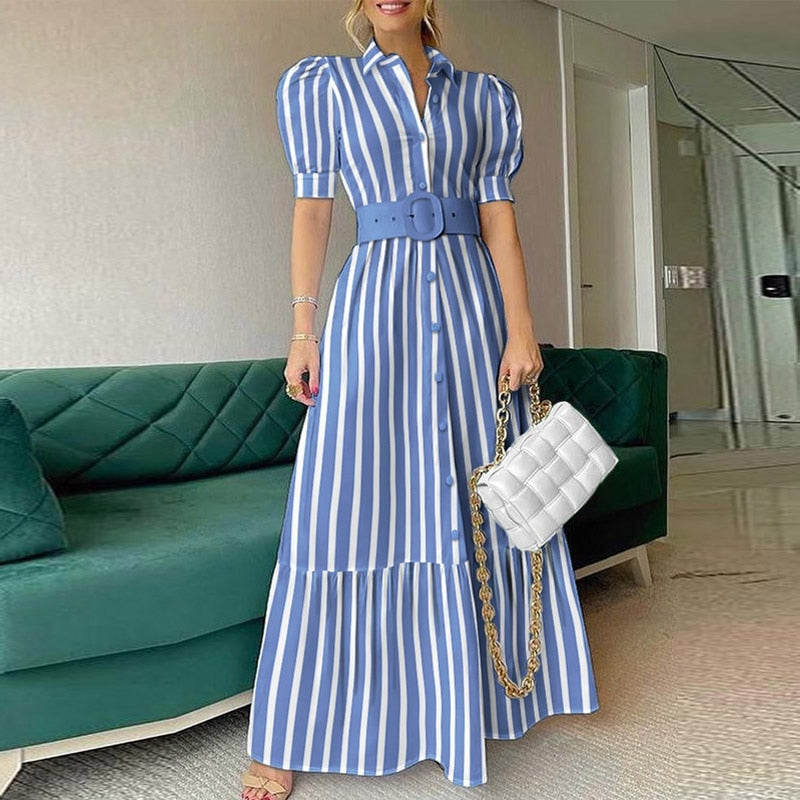 Summer Puff Shoulder Sexy Party Dress Spring Solid Button Long Shirt Dress Women Elegant Turn-down Collar Office Lady Maxi Dress