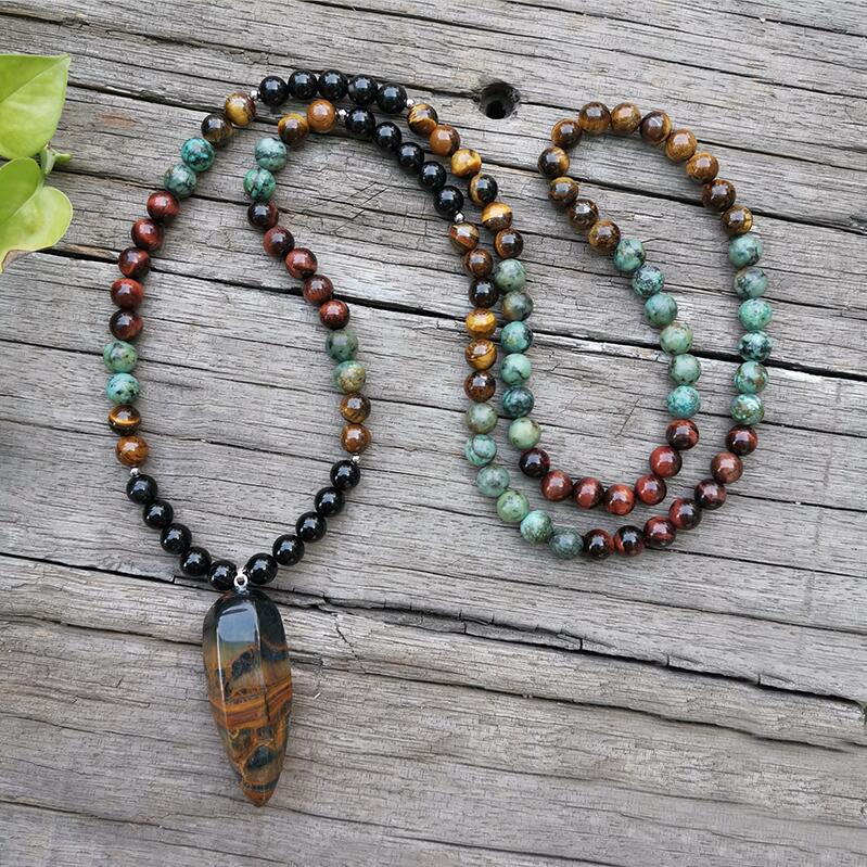 8mm Natural Stone Bead,African Turquoise,Tigers Eye,Awaken,JapaMala Set,Spiritual Jewelry,Meditation,Inspirational,108 Mala Bead