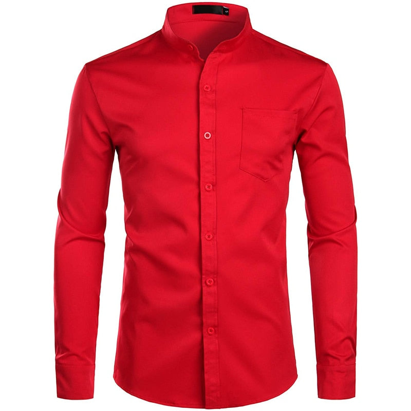 Camisas de vestir azul real para hombre, camisa de cuello mandarín con bandas de marca 2022, camisa informal de manga larga con botones y bolsillo 2XL para hombre