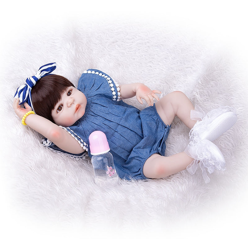 KEIUMI 57 CM  Realistic Reborn Baby Girl Doll Full Silicone Vinyl Adorable Girl Baby Toy Wear Cowboy Romper Kid Birthday Gift