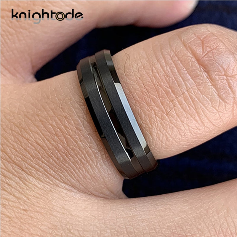 Anillos de carburo de tungsteno negro de 8mm/6mm para fiesta de moda, banda de boda para hombres y mujeres, bordes biselados centrales acanalados, ajuste cómodo mate