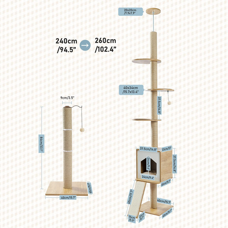 Four Tier Floor-to-Ceiling Cat Tree + Scratching Post Toy- 94.5-102.4 in Modern Cat Climbing Tower with a Scratcher Beige