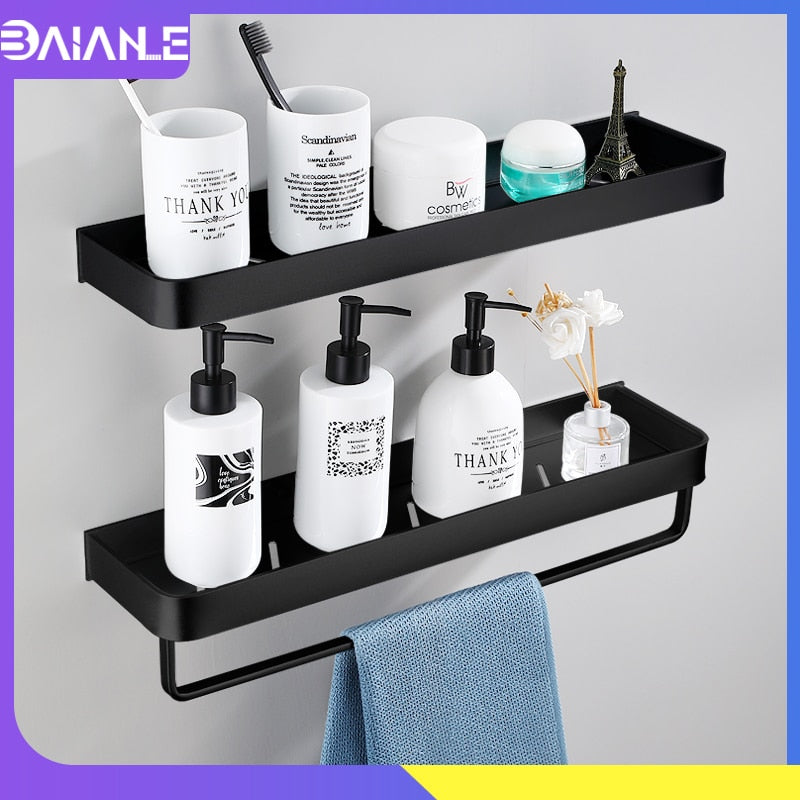 Estante de baño negro con toallero, estantes de aluminio para baño, soporte para champú, estante de ducha, estante de esquina para cocina, estante de almacenamiento