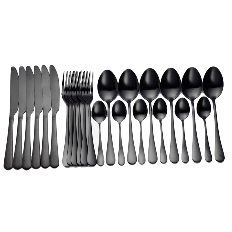 Tablewellware Geschirr Schwarzes Besteck-Set 24-teiliges Edelstahl-Besteckkasten-Gabel-Messer-Löffel-Geschirr-Set Küchenlöffel-Set