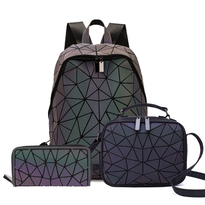 Set Rucksäcke Frauen Geometrische Leuchtende Rucksack Schulgeldbörse Holographische Nachtleuchtende Reise Bagpack Studentin Rucksack 2021