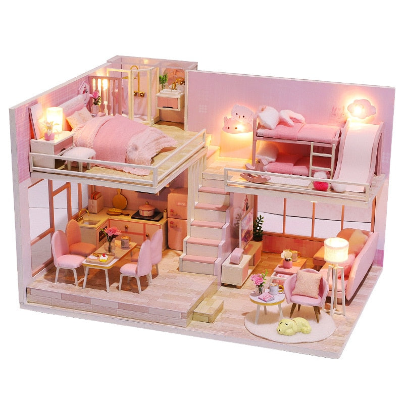 CUTEBEE Dollhouse Kit with Furniture Led Lights Diy Miniature House to Build Tiny Doll House Cozy Time for Children Toy Gift