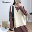 Hirsionsan V Neck Knitted Sweater Vest Women 2021 New Korean Cashmere Loose Vest Pullovers Female Solid Sleeveless Knitwear