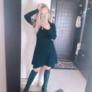 Neue Frauen-Weinlese-Kleid Auutmn Winter-lange Hülsen-dünne A-Linie kurze Pullover-Kleider Eleagnt Damen gestrickte Robe Vestidos Mujer