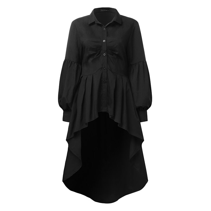 Mode Damen Rüschen Saum Shirt ZANZEA Elegant Revers Hals Schwalbenschwanz Shirts Solide Langarm Hohe Taille Tops Unregelmäßige Blusas