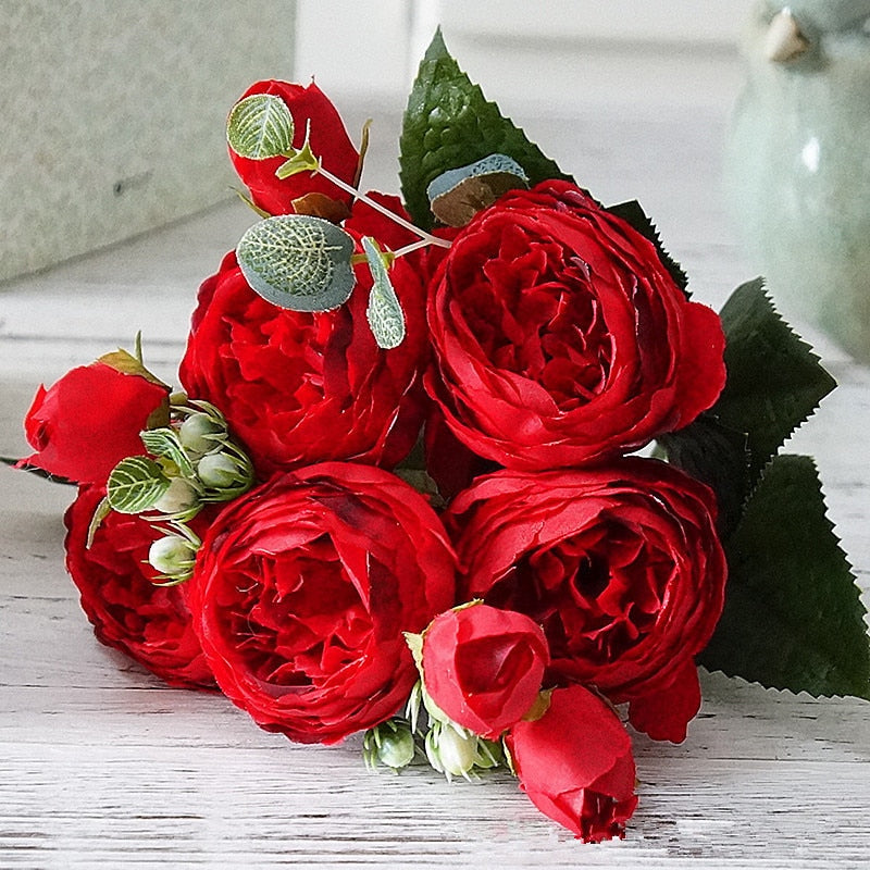 10 unids/lote, venta al por mayor, ramo de flores artificiales de peonía rosa de seda, flores falsas baratas para la decoración de la boda del hogar, flores de boda