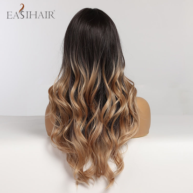 EASIHAIR Long Body Wave Light Brown Wigs with Blonde Highlights Middle Part Cosplay Heat Resistant Synthetic Hair Wigs for Women