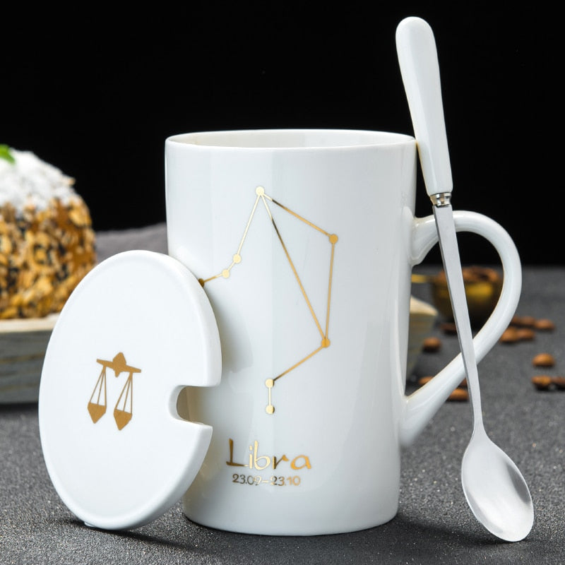 Keramiktassen 12 Konstellationen Kreative Tassen mit Löffeldeckel Schwarzer Becher Porzellan Sternzeichen Milch Kaffeetasse Trinkgefäße Paargeschenk