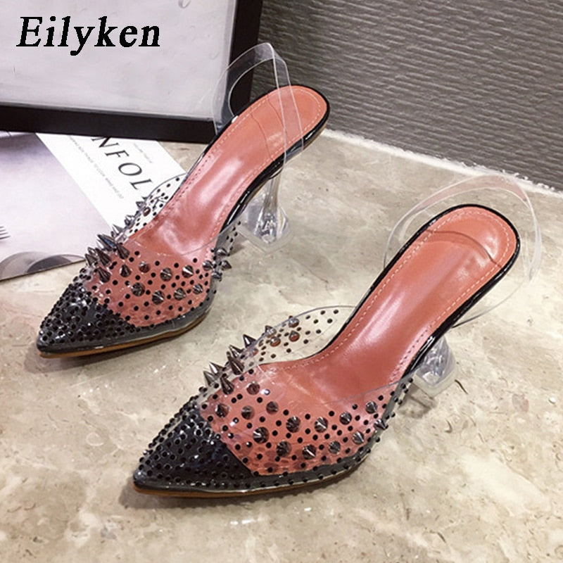 Eilyken 2022 Neue Gold Silber PVC Transparente Niet Diamant Pumps Sandalen Plexiglas Ferse Spitzschuh Kristall Silber Hochzeit Pumps