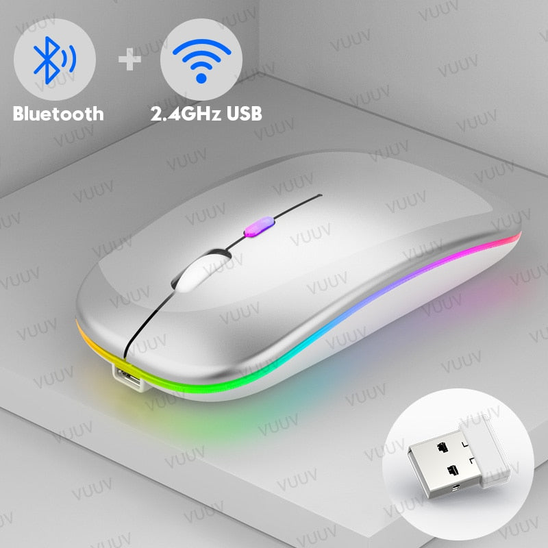 Ratón inalámbrico Bluetooth para ordenador, PC, portátil, iPad, tableta, MacBook con retroiluminación RGB, ratón USB recargable silencioso ergonómico