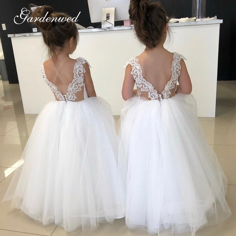 Gardenwed Ivory Lace Flower Girl Birthday Banquet Backless Bow Sashes Applique Cute Girl Communion Dress robe fille enfant