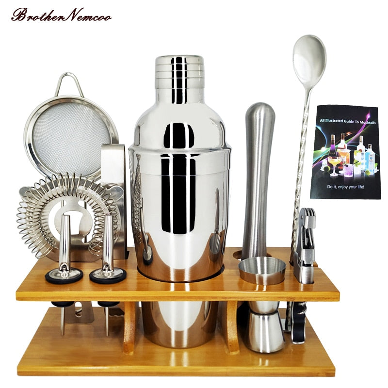 11Pcs Bar Set 750ML Cocktail Shaker Set With Stylish Wooden Stand And Recipes Booklet Perfect Home Bartending Kit with Bar Tools