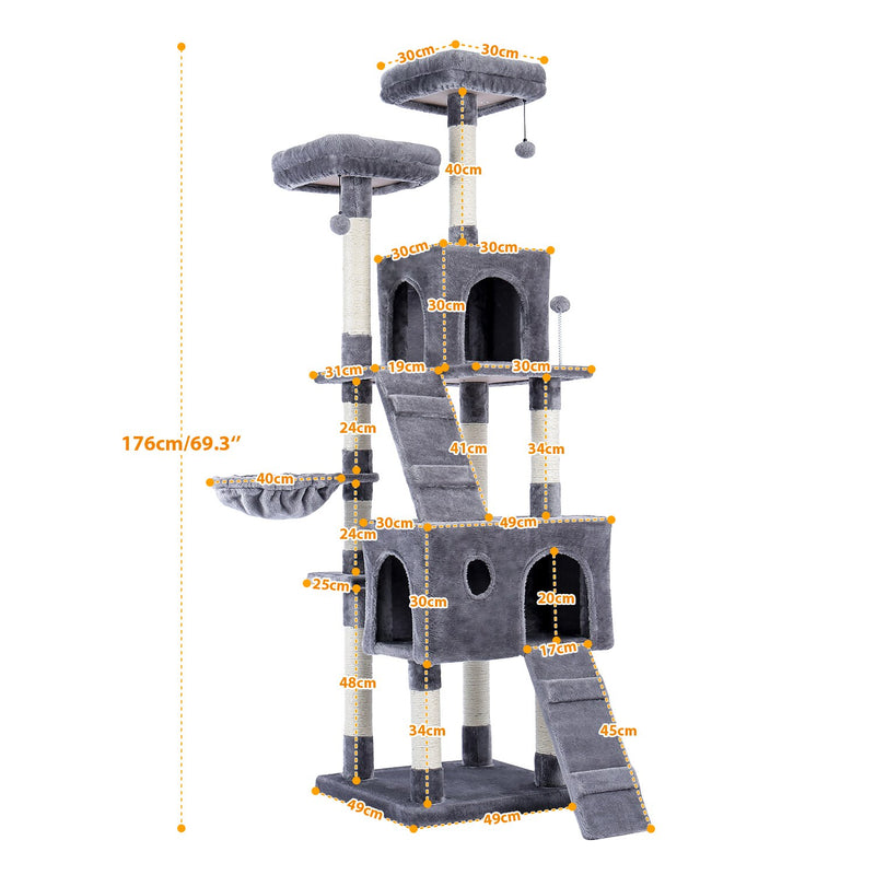 Árbol de gato de lujo, marco de escalada grande, poste de rascado multicapa, árbol de gato de Sisal resistente con bola colgante, patio de juegos Kittern