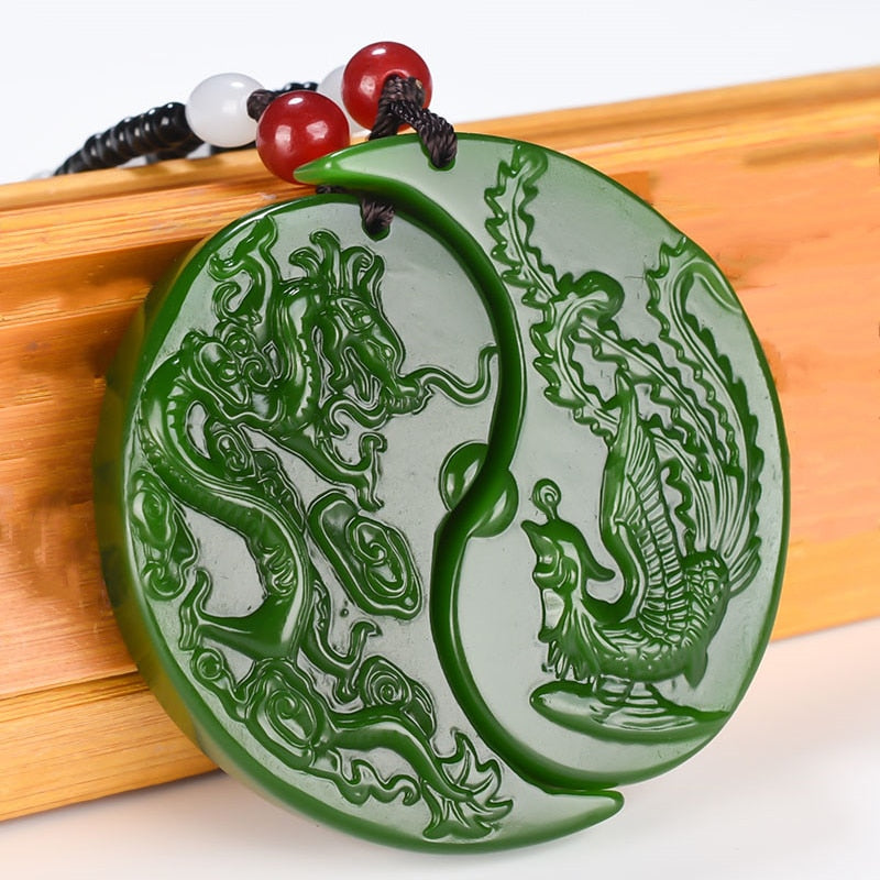 Chinese  Green Jade Dragon Phoenix Jade Pendant Jewelry Lucky Auspicious Amulet Jade Necklace Pendants Jade Fine Jewelry