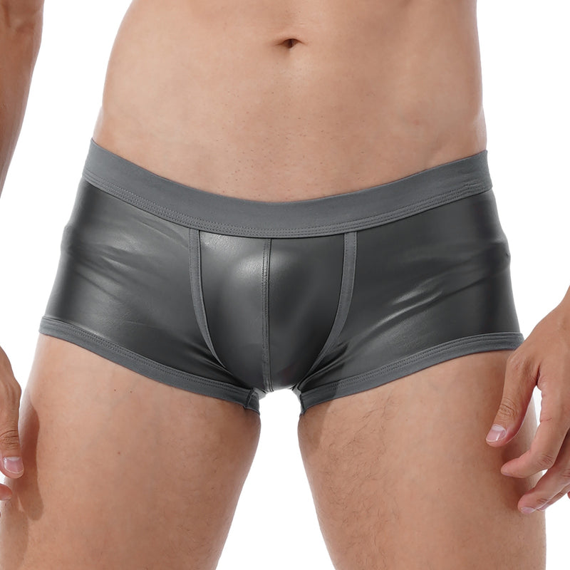 Mens Low Waist Faux Leather Boxer Shorts Sports Swimming Trunks Swimwear Board Shorts Bulge Pouch Elastic Waistband Underpants