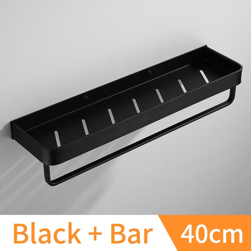 Estante de baño negro con toallero, estantes de aluminio para baño, soporte para champú, estante de ducha, estante de esquina para cocina, estante de almacenamiento