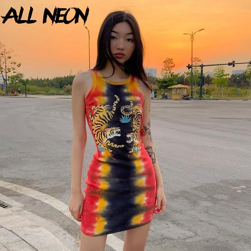 ALLNeon Punk Tie Dye Sleeveless Graphic Mini Dresses Ribbed O-neck Tiger Printing Bodycon Party Dress E-girl Rave Summer Dresses