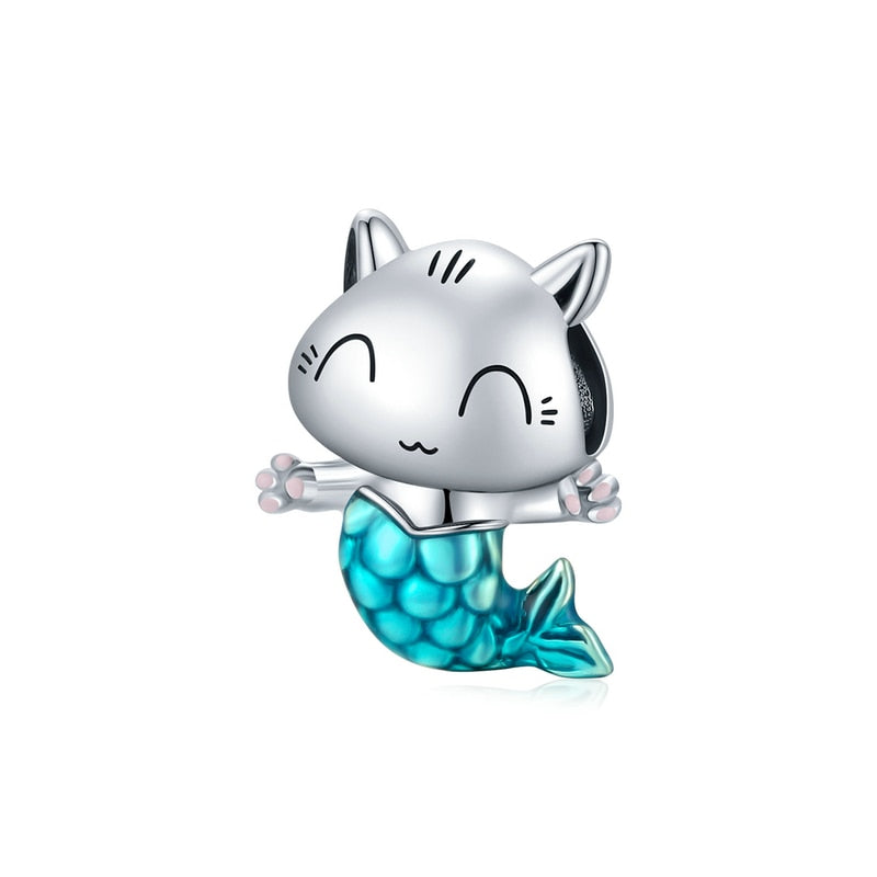 Bamoer 925 plata esterlina gatito sirena encanto azul esmalte cuenta colgante para dije pulsera brazalete DIY fabricación para niña