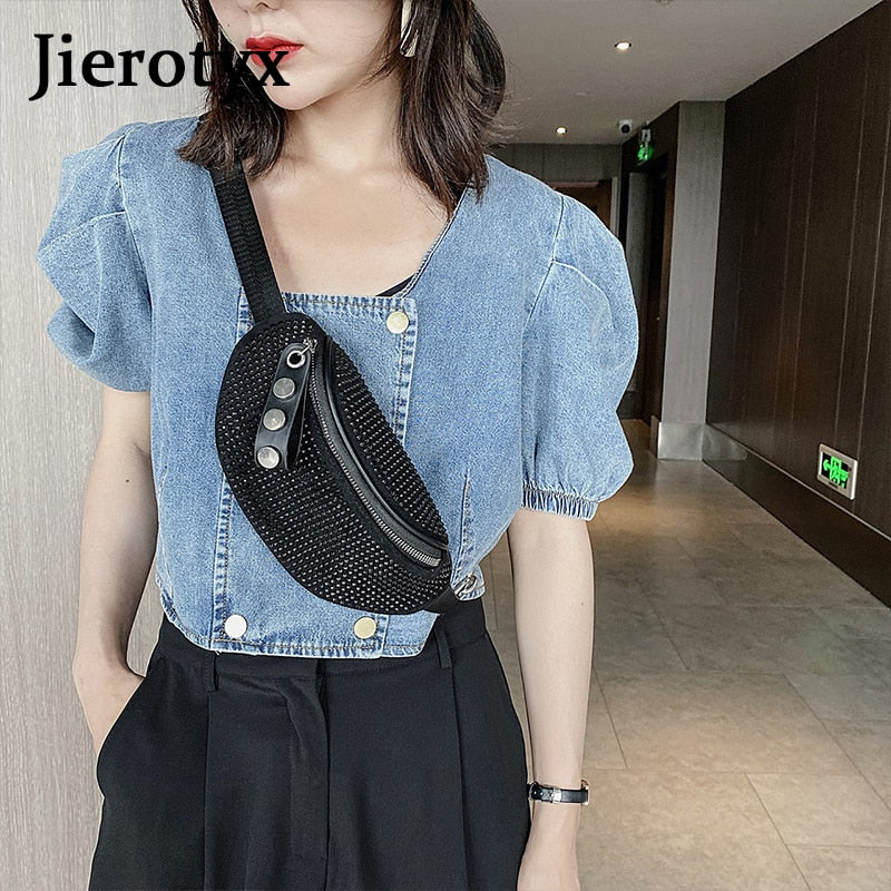 JIEROTYX Fashion Rhinestones Women Bag Waist Bag Fanny Packs Chest Waist Pack Travel Casual Female Chain Strap Punk Belt Bag