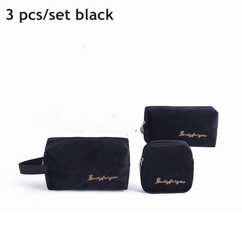 PURDORED 3 Pcs/set Velvet Cosmetic Bag Set Solid Women Makeup Bag Organizer Travel Toiletry Wash Bag Kit Neceser Kosmetyczka