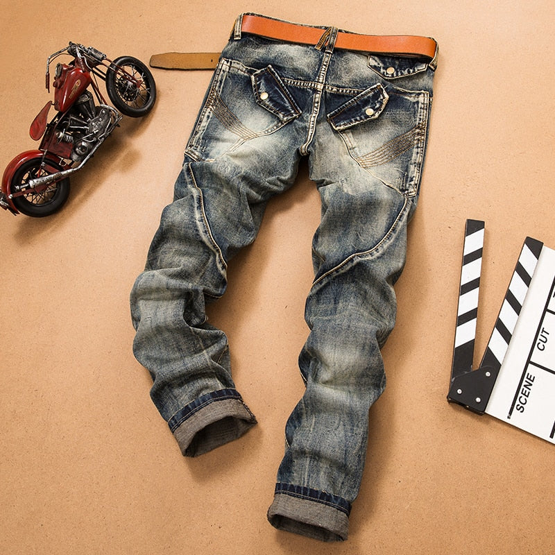 Men'S Jeans Pants Splicing Jean Denim Trousers Biker High Quality Male Straight Casual Designer Many Multi-Pocket Comfortable