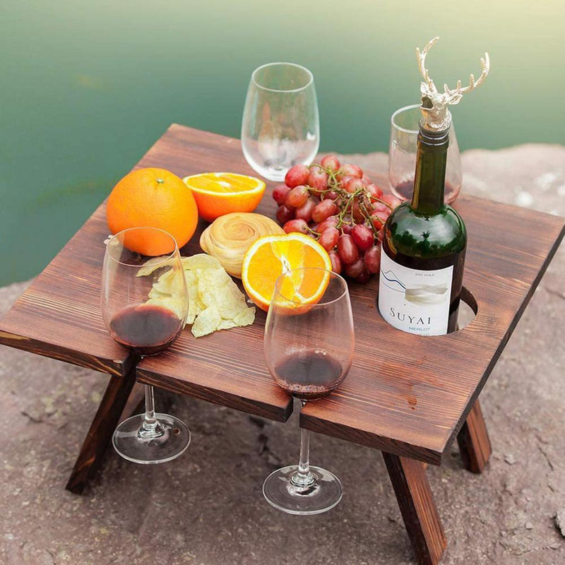 Mesa de Picnic de madera portátil, asa de transporte, mesa de vino plegable para exteriores, soporte extraíble para copa de vino, mesa plegable, bandeja para aperitivos y frutas