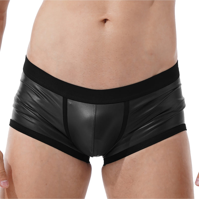 Mens Low Waist Faux Leather Boxer Shorts Sports Swimming Trunks Swimwear Board Shorts Bulge Pouch Elastic Waistband Underpants