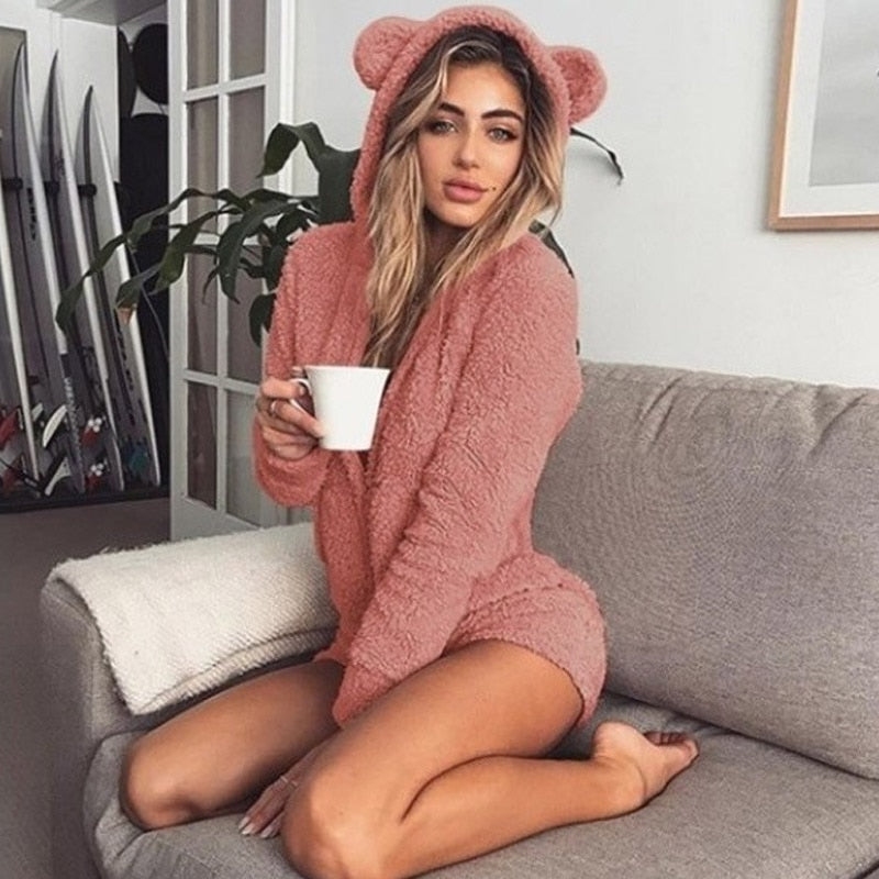 CHRLEISURE Autumn Keep Warm Velvet Women Rompers Long Sleeve Cute Bear Ears Hoodie Casual Winter Long Sleeve Siamese Shorts