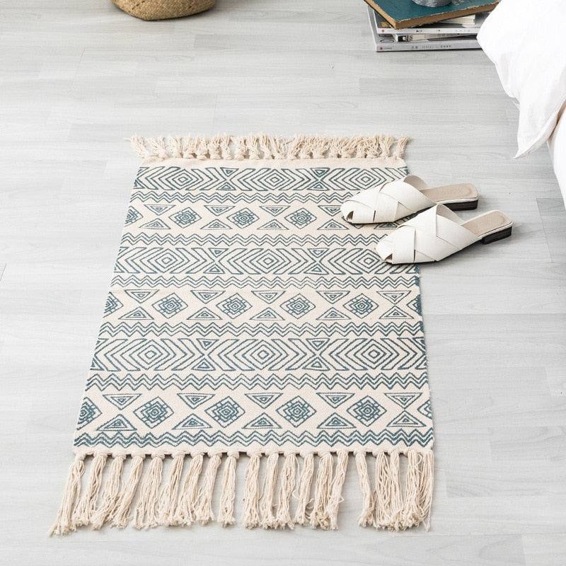 Luxury Bohemia Ethnic Style Cotton Linen Soft Carpet Handmade Tassel Rug Living Room Bedside Floor Mat Pad Home Boho Decoration