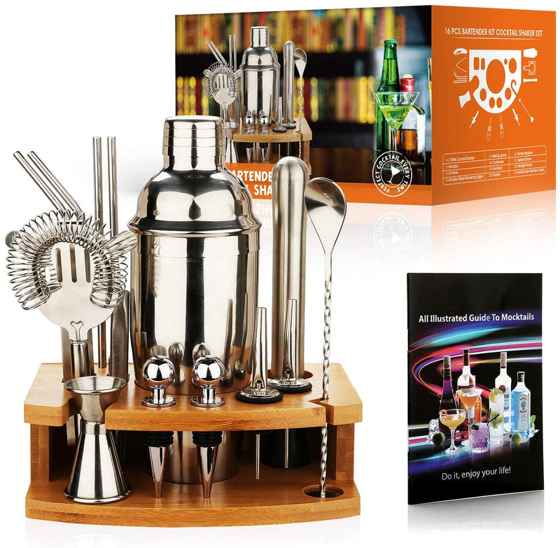 Cocktail-Shaker-Set, 16-teiliges Barkeeper-Set für Mixer, Wein, Martini, Edelstahl-Bar-Werkzeug, Zubehör für Getränkepartys zu Hause