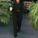 Damen Zweiteiler Casual Anzüge Langarm Dip Saum Crop Top Shirt &amp; Loose Pants Set