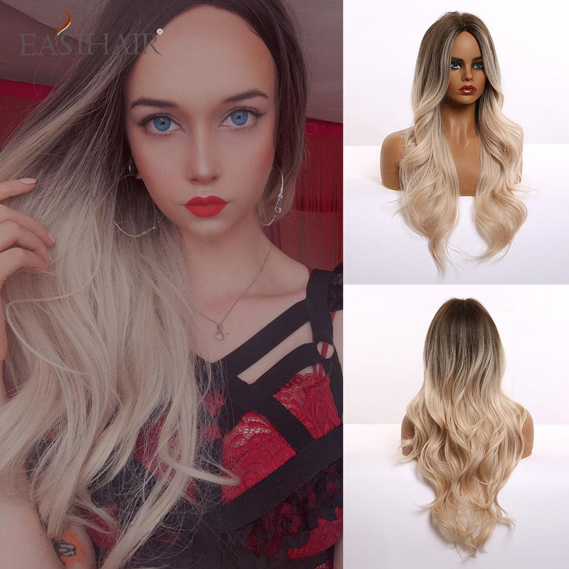 EASIHAIR Long Wavy Brown Synthetic Wigs With Blonde Highlights Cosplay Natural Hair Wigs High Temperature Fiber For Black Women