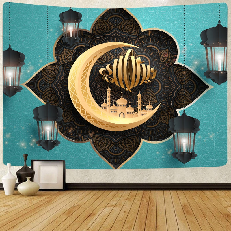 Simsant Ramadan Kareem Tapisserie Moon Star Eid Mubarak Religion Festival Wandbehang Tapisserien für Wohnzimmer Schlafzimmer Dekor