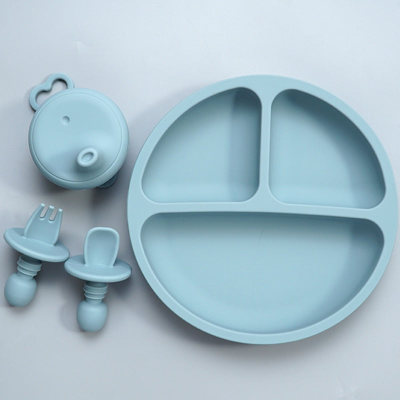 Baby Accessories Toddler Feeding Silicone Dinner Plate Waterproof Soft Infant Fork Spoon With Portable Kids Silicone Cup Cover