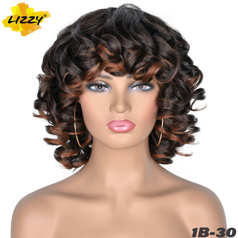 Short Hair Afro Curly Wig With Bangs Loose Synthetic Cosplay Fluffy Shoulder Length Natural Wigs For Black Women Dark Brown 14&quot;